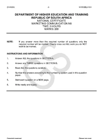 Marketing Communication N6 June 2018 question paper, first page of questions