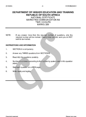 Marketing Communication N6 November 2018 question paper, first page of questions