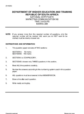 Marketing Communication N6 June 2019 question paper, first page of questions