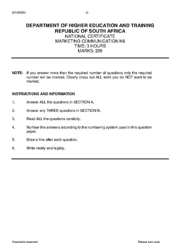 Marketing Communication N6 November 2019 question paper, first page of questions