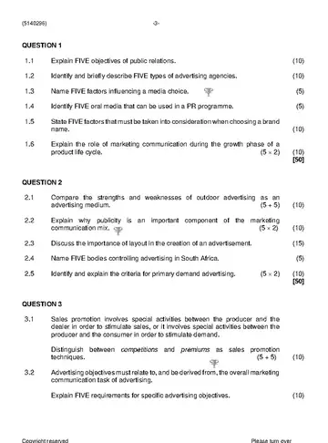 Marketing Communication N6 June 2021 question paper, first page of questions