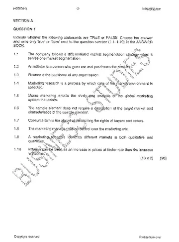 Marketing Management N4 June 2013 question paper, first page of questions