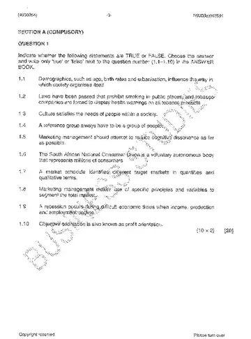Marketing Management N4 November 2013 question paper, first page of questions
