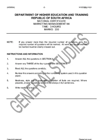 Marketing Management N4 June 2016 question paper, first page of questions