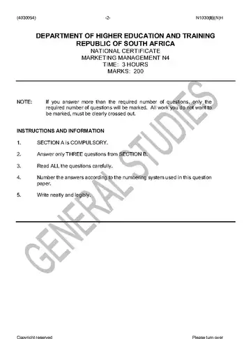 Marketing Management N4 November 2016 question paper, first page of questions