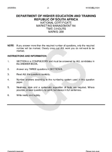Marketing Management N4 June 2018 question paper, first page of questions