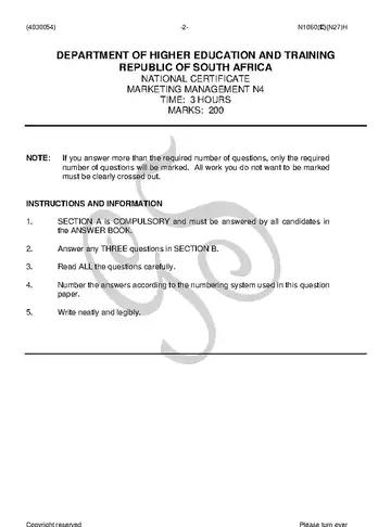 Marketing Management N4 November 2018 question paper, first page of questions