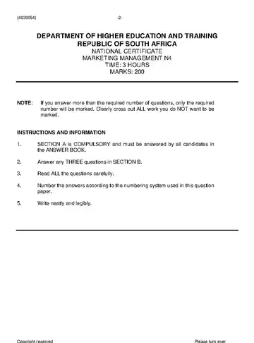 Marketing Management N4 June 2019 question paper, first page of questions