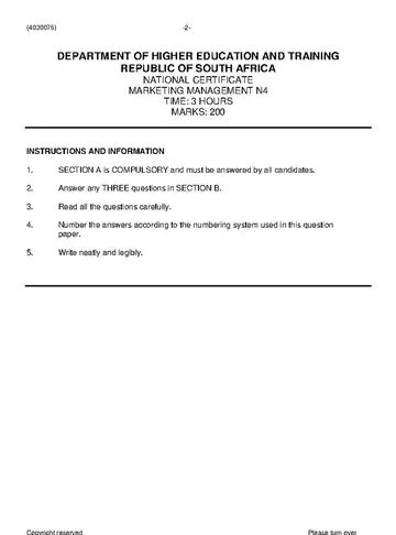 Marketing Management N4 November 2019 question paper, first page of questions