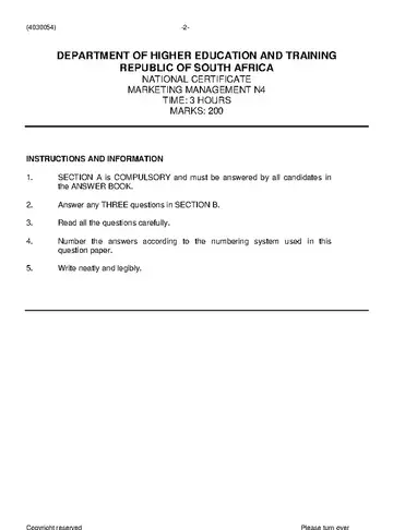 Marketing Management N4 November 2020 question paper, first page of questions