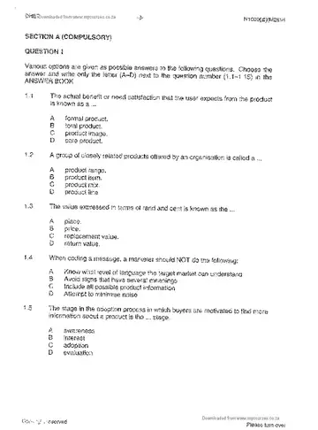 Marketing Management N5 June 2013 question paper, first page of questions