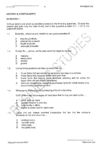 Marketing Management N5 November 2013 question paper, first page of questions