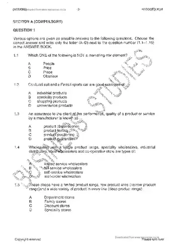 Marketing Management N5 June 2014 question paper, first page of questions