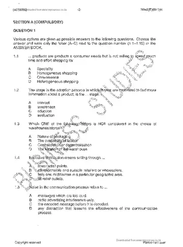 Marketing Management N5 November 2014 question paper, first page of questions