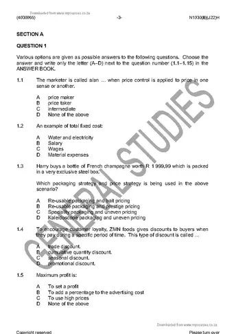 Marketing Management N5 June 2016 question paper, first page of questions