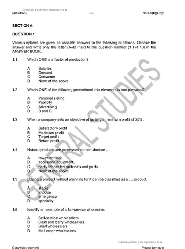 Marketing Management N5 November 2016 question paper, first page of questions