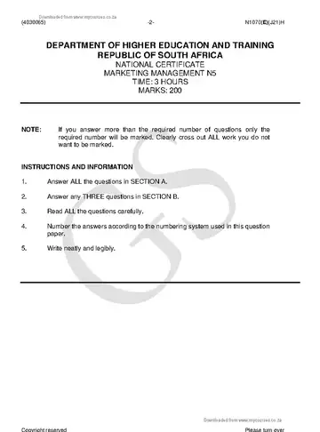 Marketing Management N5 June 2018 question paper, first page of questions