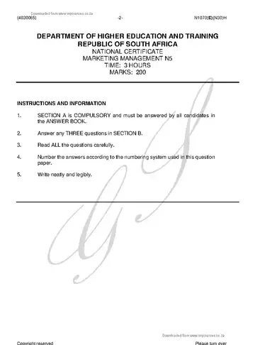 Marketing Management N5 November 2018 question paper, first page of questions