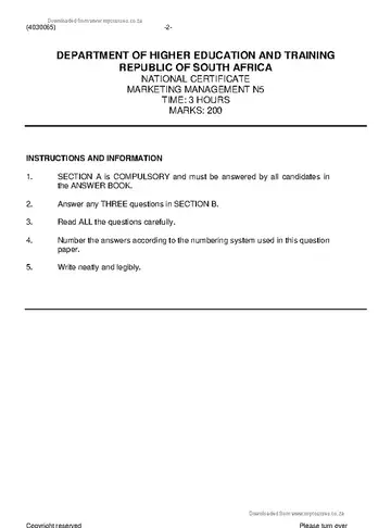Marketing Management N5 June 2019 question paper, first page of questions