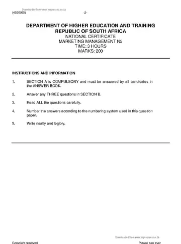 Marketing Management N5 November 2019 question paper, first page of questions