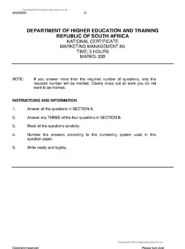 Marketing Management N5 November 2020 question paper, first page of questions