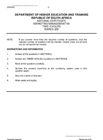 Marketing Management N5 June 2021 question paper, first page of questions