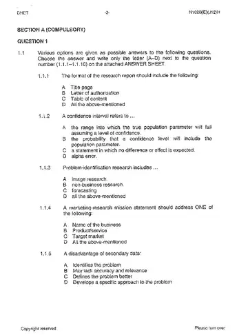 Marketing Research N6 June 2013 question paper, first page of questions