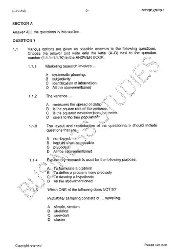 Marketing Research N6 November 2013 question paper, first page of questions