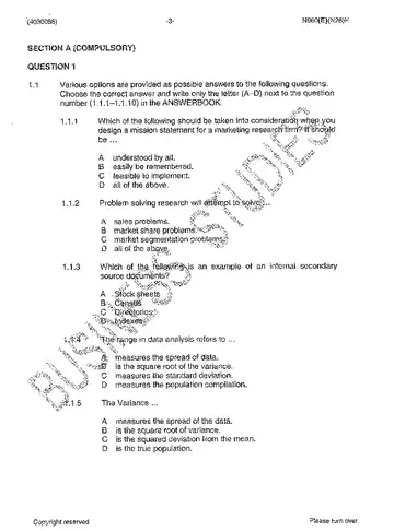 Marketing Research N6 November 2014 question paper, first page of questions