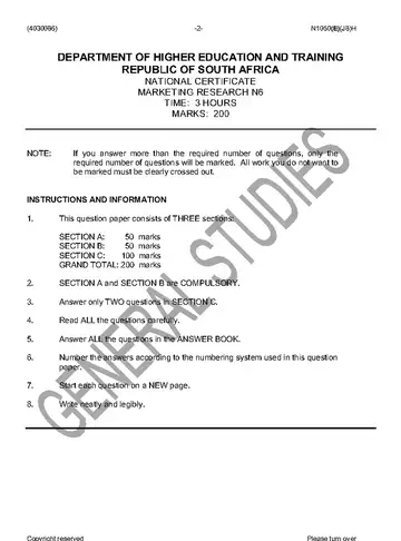 Marketing Research N6 June 2016 question paper, first page of questions