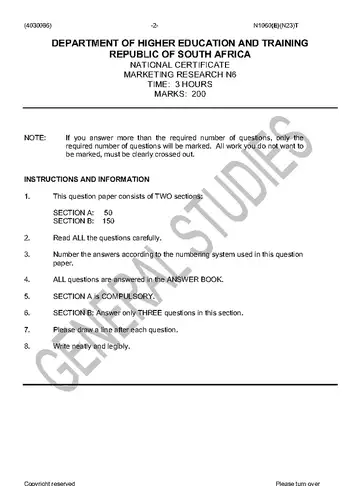 Marketing Research N6 November 2016 question paper, first page of questions