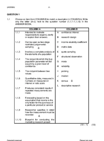 Marketing Research N6 June 2021 question paper, first page of questions