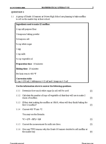 Mathematical Literacy Grade 10 November 2020 Paper 2 question paper, first page of questions