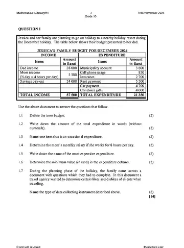 Mathematical Literacy Grade 10 November 2024 Paper 1 question paper, first page of questions
