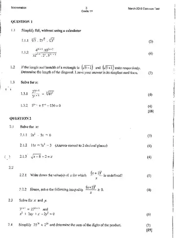 Mathematical Literacy Grade 11 March Test 2016 question paper, first page of questions