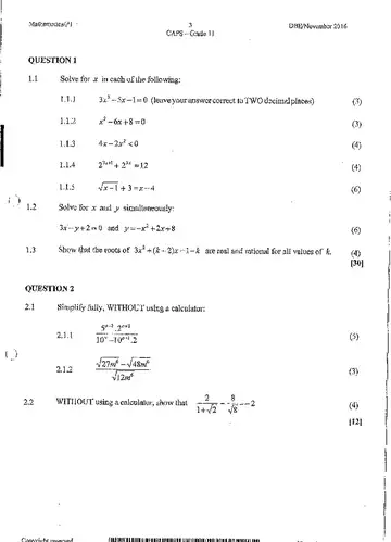 Mathematical Literacy Grade 11 November 2016 Paper 1 question paper, first page of questions