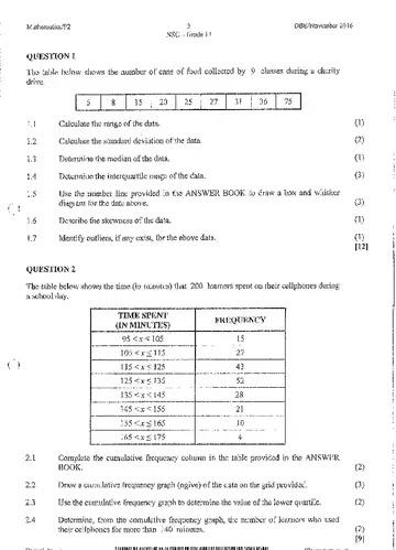 Mathematical Literacy Grade 11 November 2016 Paper 2 question paper, first page of questions