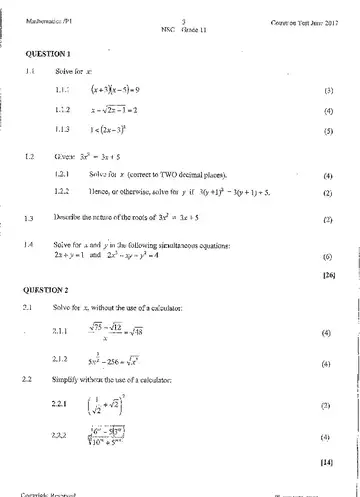 Mathematical Literacy Grade 11 June 2017 Paper 1 question paper, first page of questions