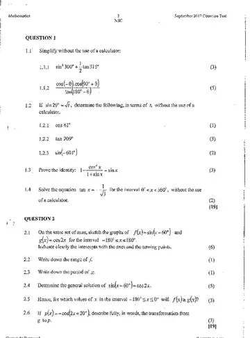 Mathematical Literacy Grade 11 September 2017 question paper, first page of questions