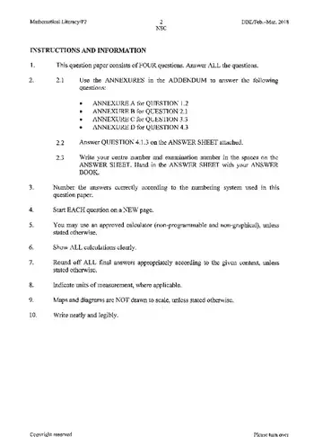 Mathematical Literacy Grade 12 Feb/March Supplementary 2018 Paper 2 (National DBE) question paper, first page of questions