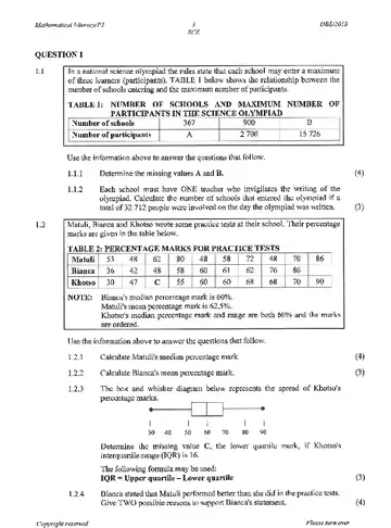Mathematical Literacy Grade 12 May/June 2018 Paper 2 question paper, first page of questions