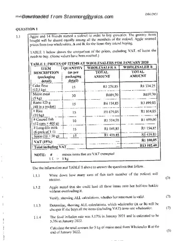 Mathematical Literacy Grade 12 June 2021 Paper 2 (National DBE) question paper, first page of questions