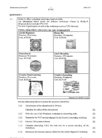 Mathematical Literacy Grade 12 May/June 2021 Paper 1 question paper, first page of questions