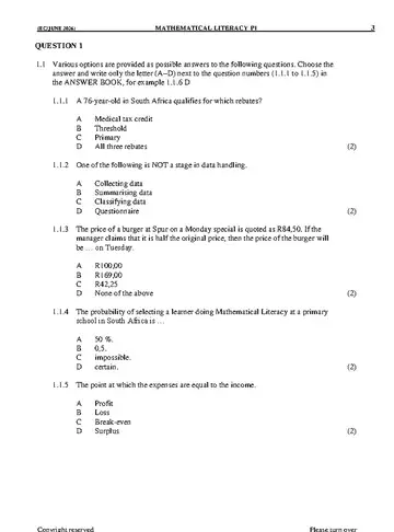 Mathematical Literacy Grade 12 June 2026 Paper 1 (Eastern Cape) question paper, first page of questions