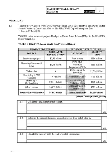 Mathematical Literacy Grade 12 June 2026 Paper 1 (Gauteng) question paper, first page of questions