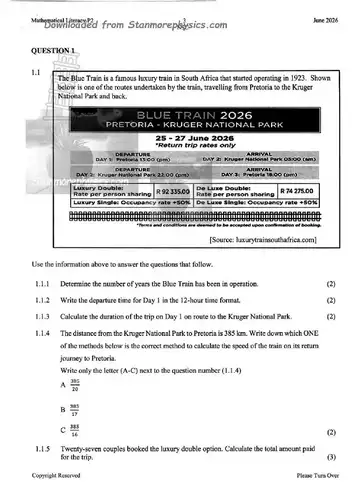 Mathematical Literacy Grade 12 June 2026 Paper 2 (KwaZulu-Natal) question paper, first page of questions