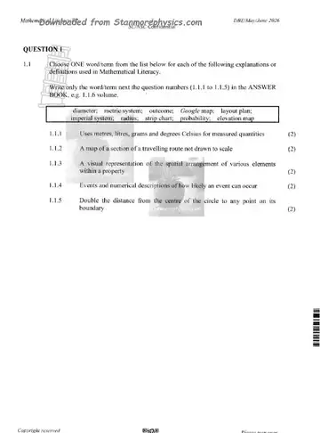 Mathematical Literacy Grade 12 May/June 2026 Paper 2 (National DBE) question paper, first page of questions