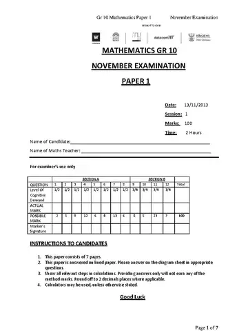 IEB Mathematics Grade 10 November 2013 Paper 1 (IEB) question paper, first page of questions