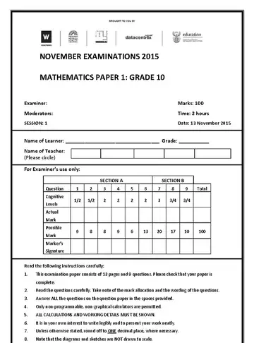 IEB Mathematics Grade 10 November 2015 Paper 1 (IEB) question paper, first page of questions