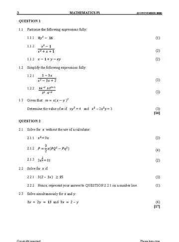 Mathematics Grade 10 November 2020 Paper 1 question paper, first page of questions